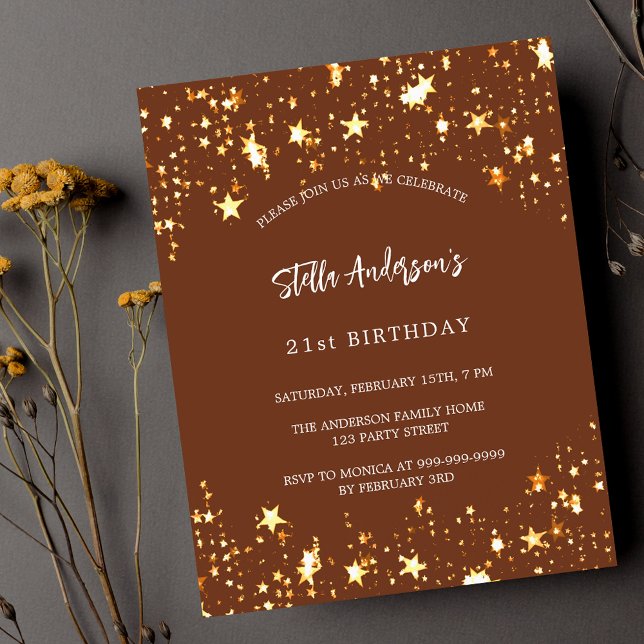 Budget birthday brown gold stars invitation flyer (Creator Uploaded)