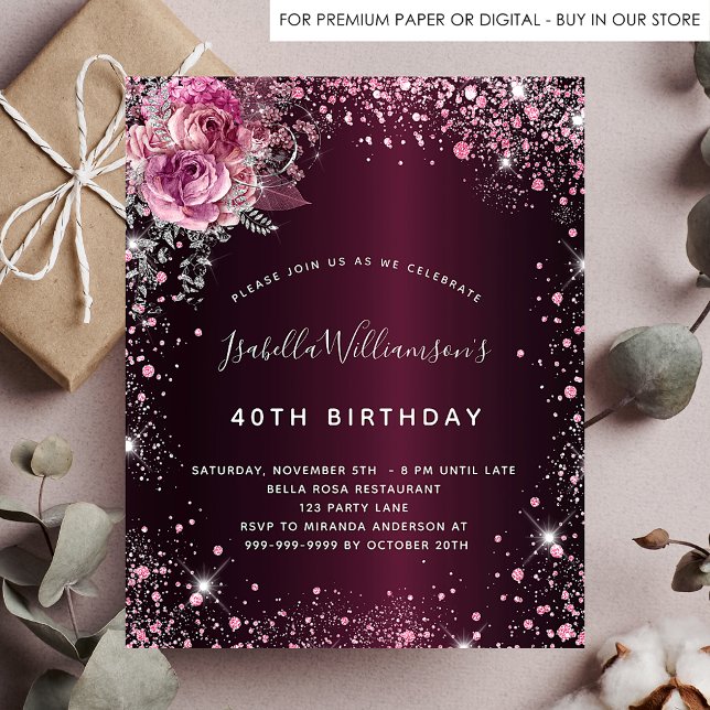 Budget birthday burgundy glitter floral invitation (Creator Uploaded)