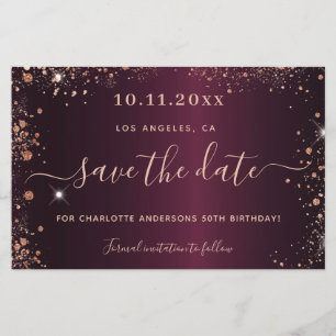Budget birthday burgundy rose gold save the date