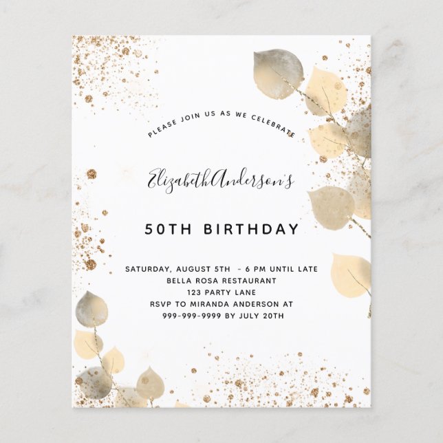 Budget birthday eucalyptus foliage gold invitation (Front)