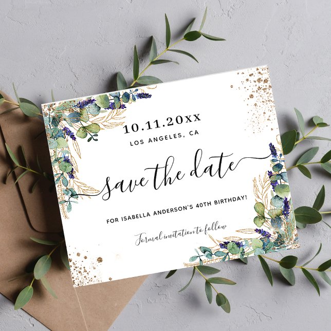 Budget birthday eucalyptus gold save the date flyer (Creator Uploaded)