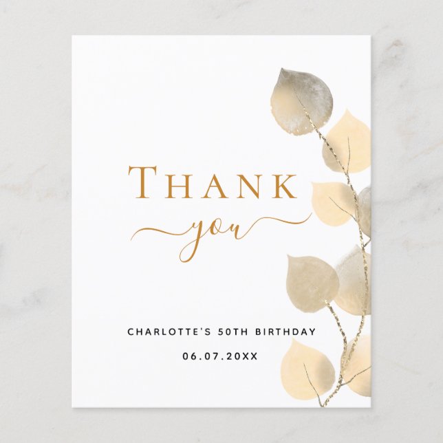 Budget birthday eucalyptus gold thank you card (Front)