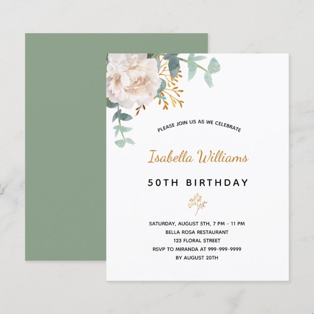 BUDGET Birthday floral eucalyptus invitation (Front/Back)