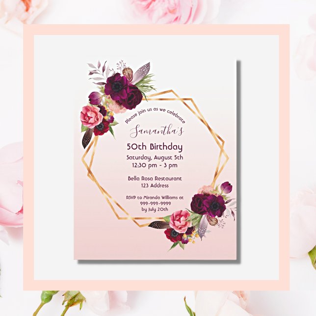 Budget Birthday florals rose gold invitation (Creator Uploaded)