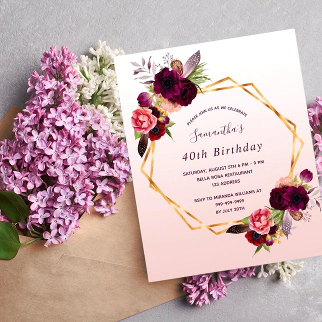 Budget Birthday florals rose gold invitation (Creator Uploaded)