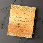 Budget birthday glitter gold invitation<br><div class="desc">For an elegant 50th (or any age) birthday party. An gold metallic looking background. Decorated with faux glitter.  Personalize and add a name and party details. The name is written with a hand lettered style script</div>