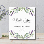 Budget birthday lavender eucalyptus thank you card<br><div class="desc">A chic white background decorated with lavender flowers and eucalyptus greenery. On front large black coloured hand lettered script and the text: Thank You,  your and a date. Back: Personalize and add Your thank you note and name.</div>