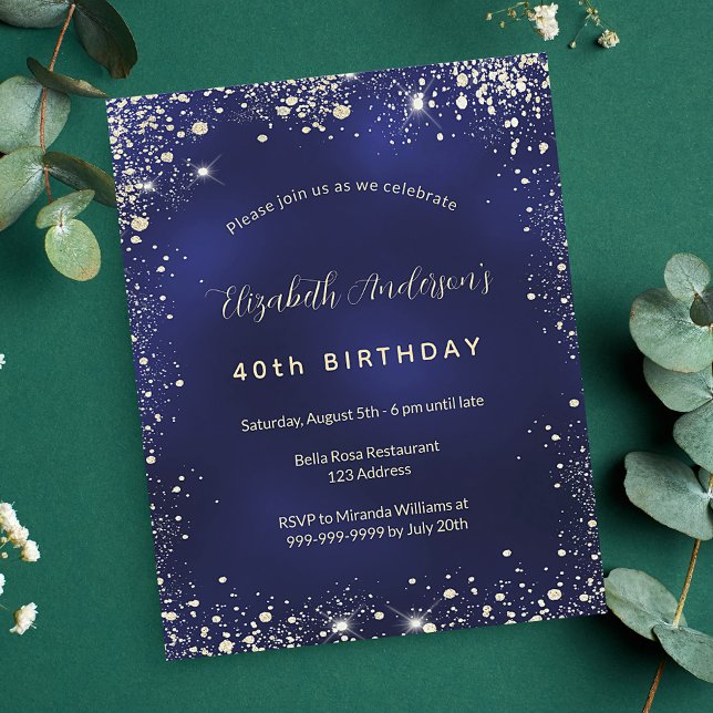 Budget birthday navy blue gold glitter invitation (Creator Uploaded)