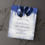 Budget birthday navy blue silver invitation<br><div class="desc">A girly and feminine 18th (or any age) birthday party invitation. On front: A faux silver background. Decorated with navy blue faux glitter drips,  paint dripping look and balloons. Personalize and add a name and party details. The name is written with a hand lettered style script.</div>