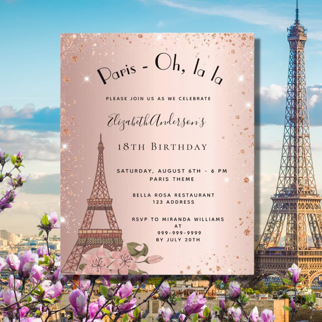Budget birthday Paris rose gold Eiffel invitation (Creator Uploaded)