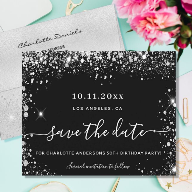 Budget birthday party black silver save the date (Creator Uploaded)