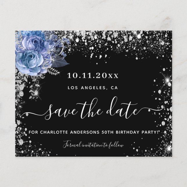 Budget birthday party black silver save the date (Front)