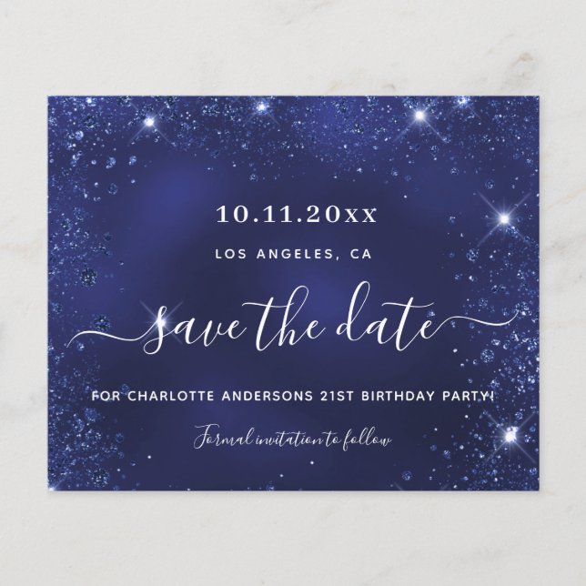 Budget birthday party blue glitter dust save date (Front)