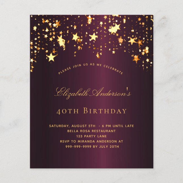 Budget birthday party burgundy gold invitation (Front)