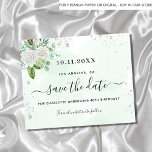 Budget birthday party floral green save the date<br><div class="desc">A girly and trendy Save the Date card for a 40th (or any age) birthday party. A watercolored green and white background decorated with faux silver glitter dust, white florals and greenery. Personalize and add a date and name/age 40. Black coloured letters. The text: Save the Date is written with...</div>
