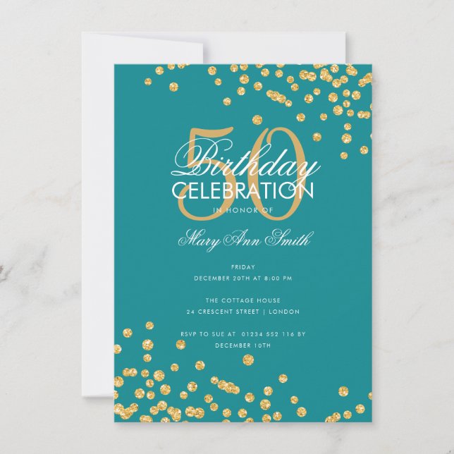 Budget Birthday Party Gold Glitter Confetti Teal  Invitation (Front)