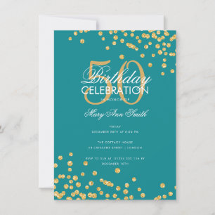 Budget Birthday Party Gold Glitter Confetti Teal  Invitation