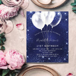 Budget birthday party navy blue balloon invitation<br><div class="desc">A modern,  stylish and glamourous invitation for a 21st (or any age) birthday party.  A navy blue background,  decorated with faux glitter sparkles and white balloons. The blue colour is uneven. Personalize and add your name and party details.</div>