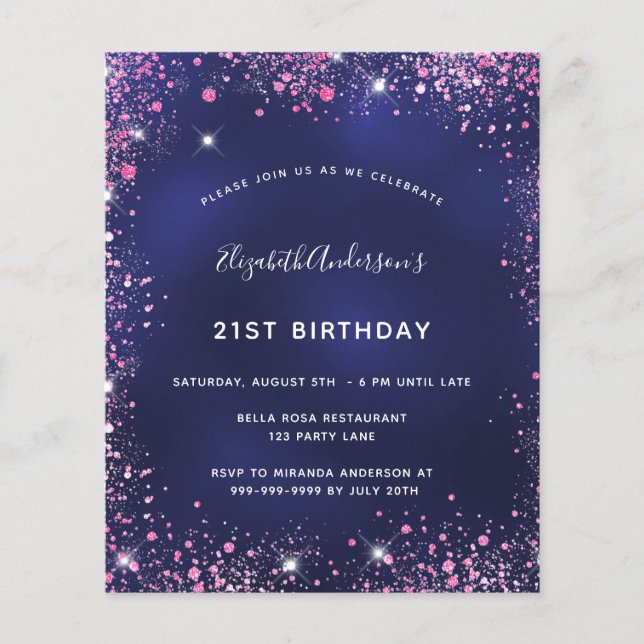 Budget birthday party navy blue pink invitation (Front)