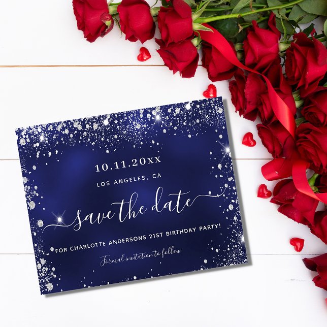 Budget birthday party navy blue silver save date (Creator Uploaded)