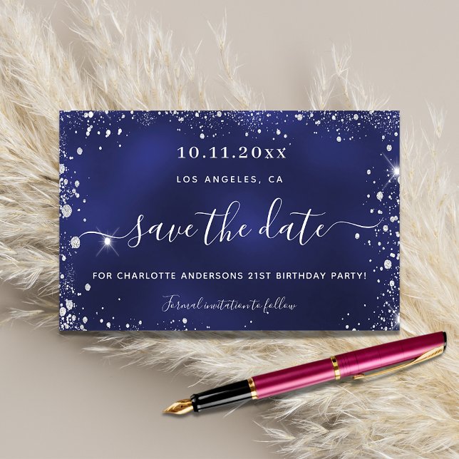 Budget birthday party navy blue silver save date (Creator Uploaded)