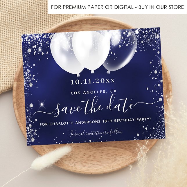 Budget birthday party navy blue white save date (Creator Uploaded)
