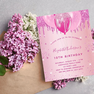 Budget birthday party pink glitter girl invitation