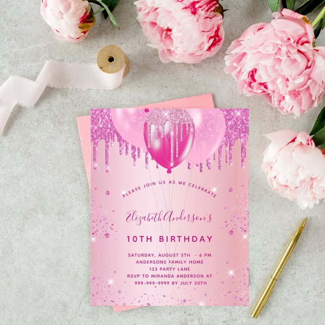 Budget birthday party pink glitter girl invitation (Creator Uploaded)