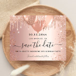 Budget birthday party rose gold save the date<br><div class="desc">A girly and trendy Save the Date card for a 18th (or any age) birthday party. A blush, rose gold gradient background decorated with faux glitter drips, sparkles, and balloons. Personalize and add a date and name/age. The text: Save the Date is written with a large trendy hand lettered style...</div>
