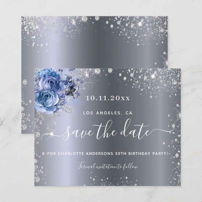 Budget birthday party silver blue save the date (Front/Back)