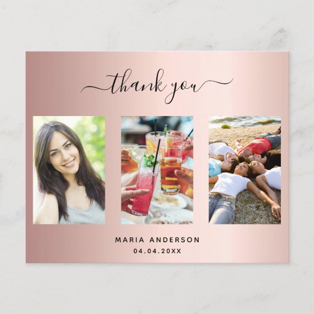 Budget birthday photo rose gold thank you card (Front)