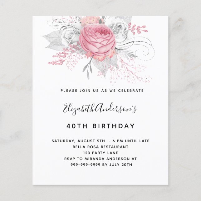 Budget Birthday pink florals elegant invitation (Front)