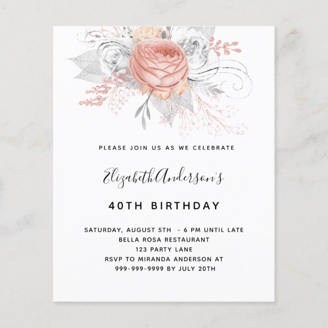 Budget Birthday rose gold floral white invitation (Front)