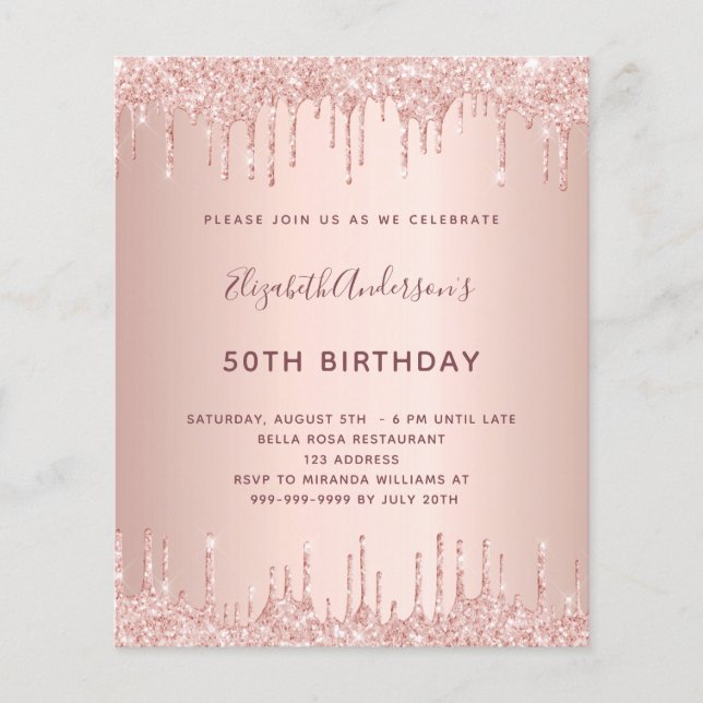 BUDGET birthday rose gold glitter blush invitation (Front)