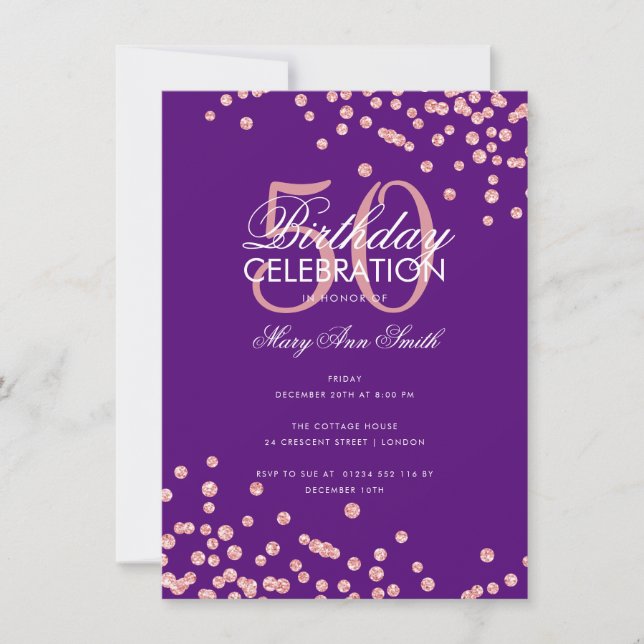 Budget Birthday Rose Gold Glitter Confetti Purple  Invitation (Front)