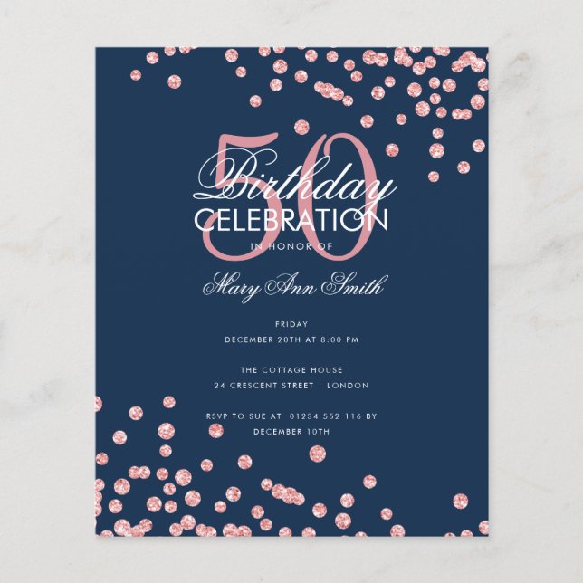 Budget Birthday Rose Gold Glitter Navy  Flyer (Front)