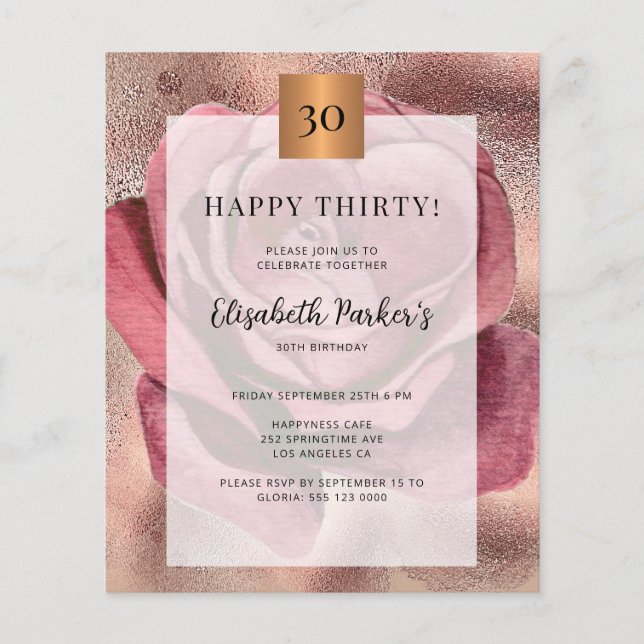 Budget birthday rose gold invitation flyer (Front)