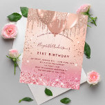 Budget birthday rose gold pink glitter balloons<br><div class="desc">For an elegant 21st (or any age) birthday.  A rose gold and pink gradient background. Decorated with rose gold,  pink faux glitter drips,  paint dripping look and balloons.  Personalize and add a name,  age 21 and party details. The name is written with a hand lettered style script</div>
