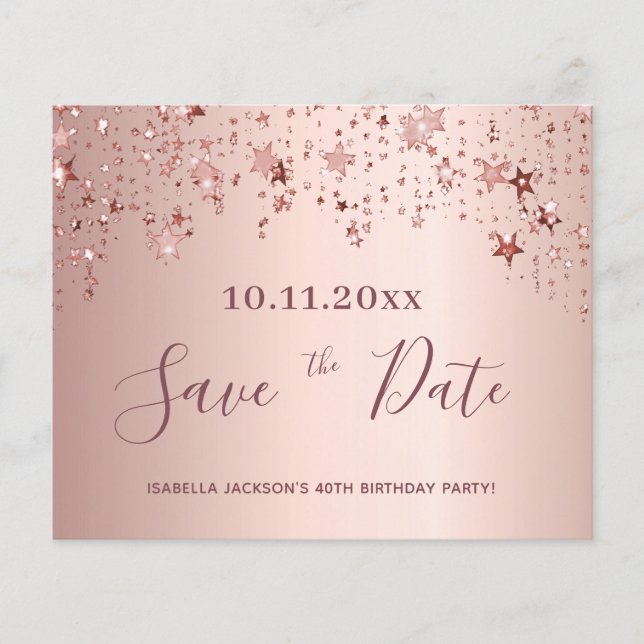 Budget birthday rose gold stars save the date (Front)
