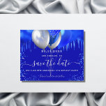 Budget birthday royal blue glitter save the date<br><div class="desc">A trendy royal blue background decorated with royal blue drips,  confetti,  and balloons. Personalize and add a date and name/age.  The text: Save the Date is written with a large trendy hand lettered style script.</div>