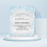 Budget birthday silver blue glitter invitation<br><div class="desc">For an elegant 40th (or any age) birthday.  A faux silver metallic looking background.  Decorated with blue faux glitter dust. Personalize and add a name,  age and party details. The name is written with a hand lettered style script</div>