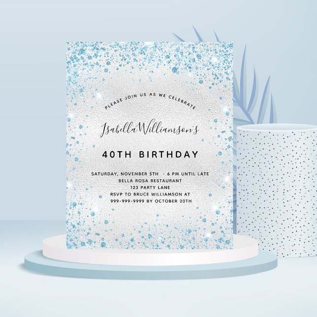 Budget birthday silver blue glitter invitation (Creator Uploaded)