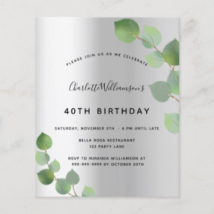 Budget birthday silver eucalyptus invitation