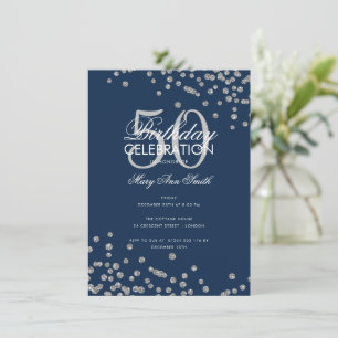 Budget Birthday Silver Glitter Confetti Navy Invitation