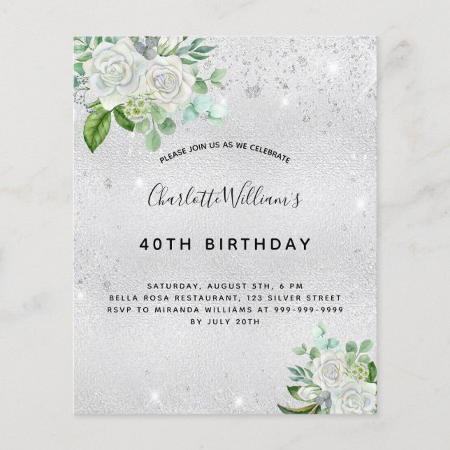 Budget birthday silver glitter floral greenery (Front)