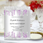 Budget birthday silver glitter purple invitation<br><div class="desc">A modern,  stylish and glamorous invitation for a woman's 30th (or any age) birthday party.  A faux silver metallic looking background with purple faux glitter drip,  paint dripping look. The name is written with a black modern hand lettered style script.  Personalize and add a name,  age and party details.</div>