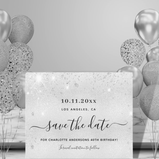Budget birthday silver glitter save the date  (Creator Uploaded)