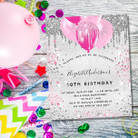 Budget birthday  silver pink glitter invitation<br><div class="desc">For an elegant 10th (or any age) birthday.  A faux silver metallic looking background. Decorated with pink and faux silver glitter and balloons.  Personalize and add a name,  age and party details. The name is written with a hand lettered style script</div>