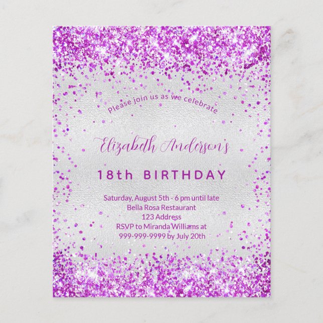 Budget birthday silver purple pink invitation (Front)