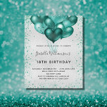 Budget birthday silver teal glitter invitation<br><div class="desc">For an elegant 18th (or any age) birthday.  A faux silver metallic looking background.  Decorated with teal faux glitter dust and balloons. Personalize and add a name,  age and party details. The name is written with a hand lettered style script</div>